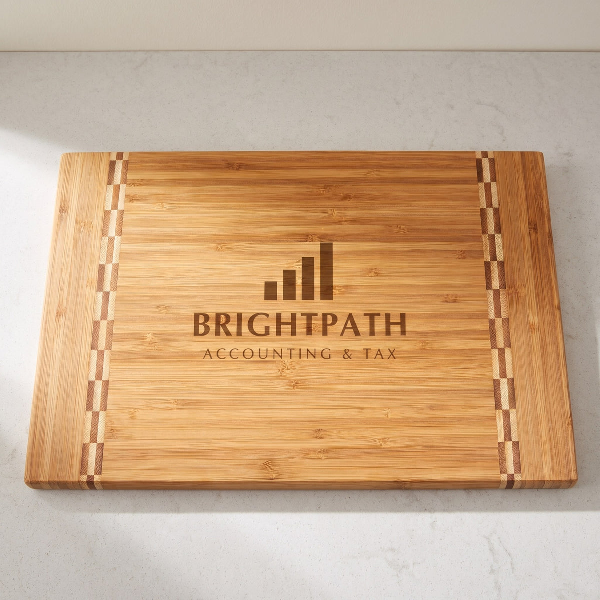 Custom Logo Bamboo Cutting Boards with Butcher Block Inlay – 15" x 10¼" with sample engraved logo