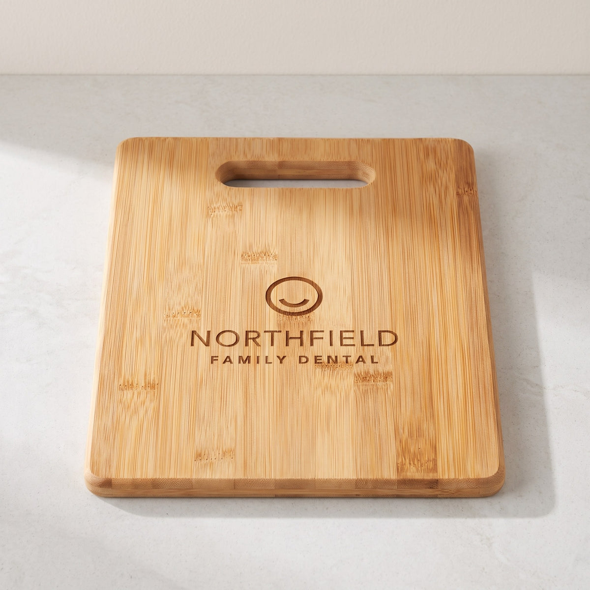 Custom Logo Bamboo Rectangle Cutting Boards – 11½" x 8¾" with sample engraved logo