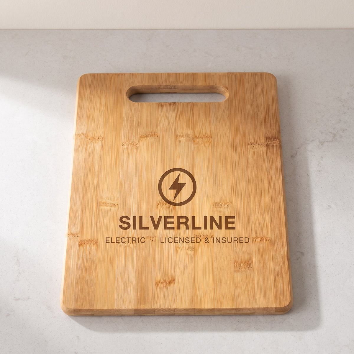 Custom Logo Bamboo Rectangle Cutting Boards – 13¾" x 9¾" with sample engraved logo