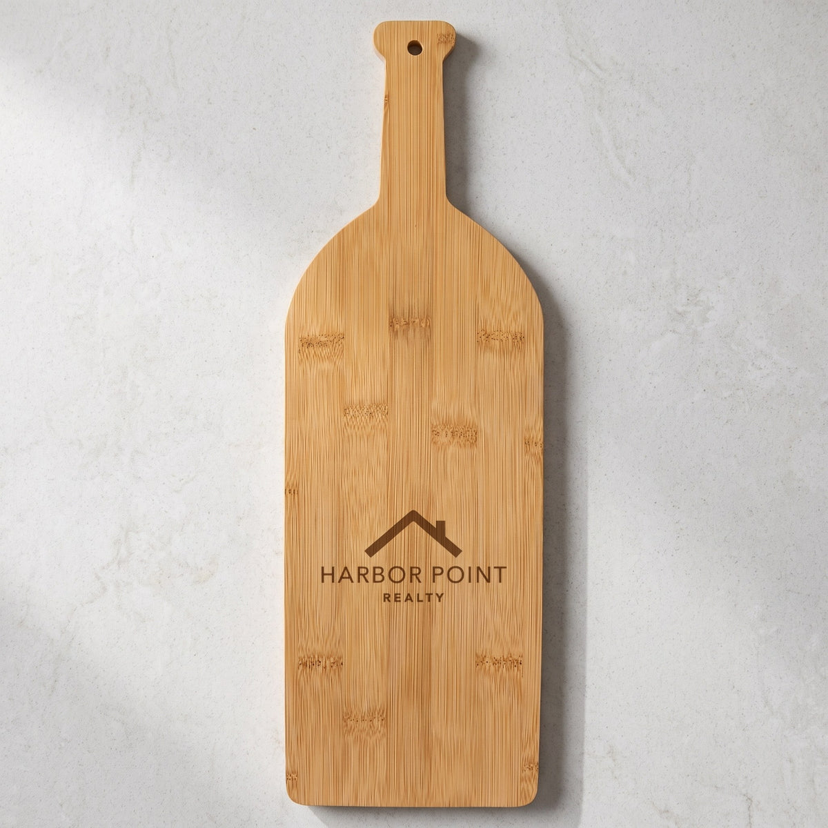 Custom Logo Bamboo Wine Bottle Cutting Board with sample engraved logo