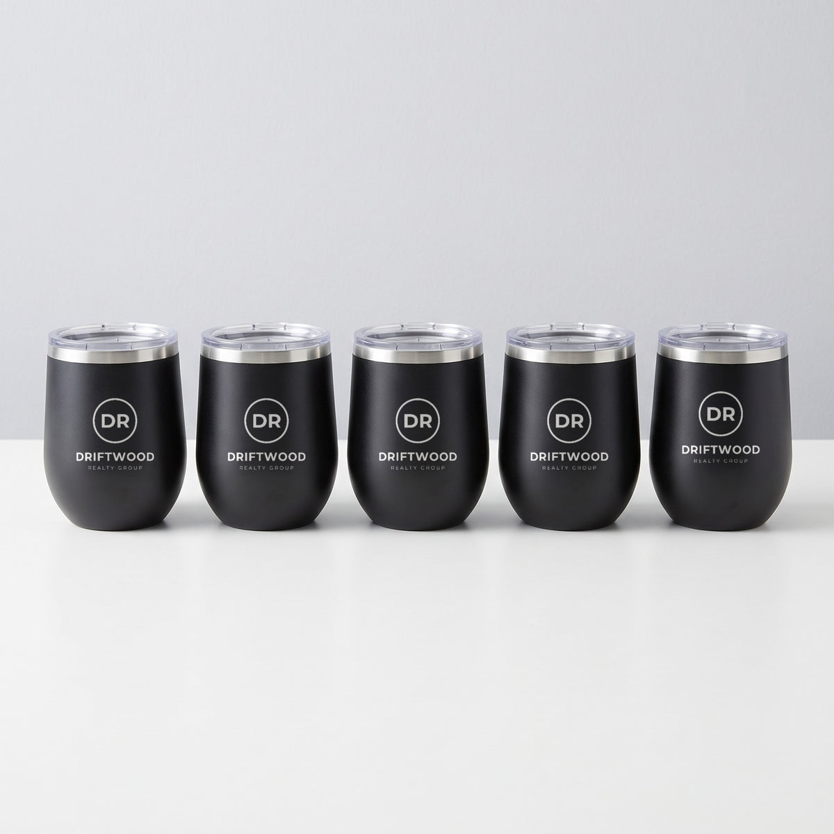 Custom Logo Polar Camel 12 oz Stemless Wine Tumbler – five black tumblers in bulk, engraved with the same sample logo