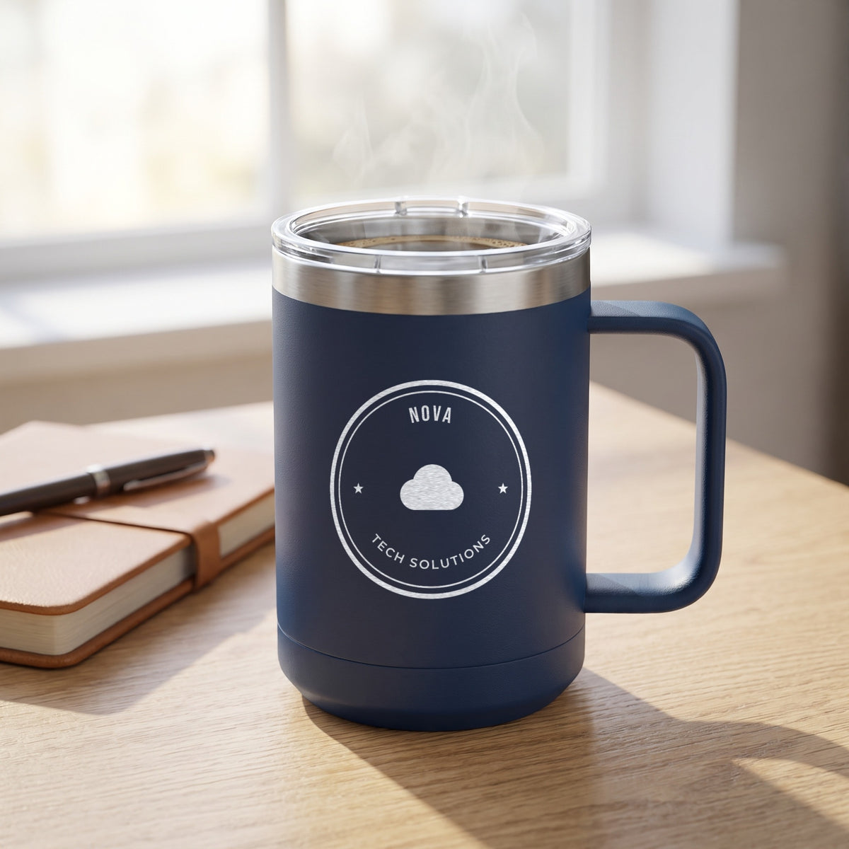 Custom Logo Polar Camel 15 oz Insulated Mug, navy with an engraved sample logo on an office desk