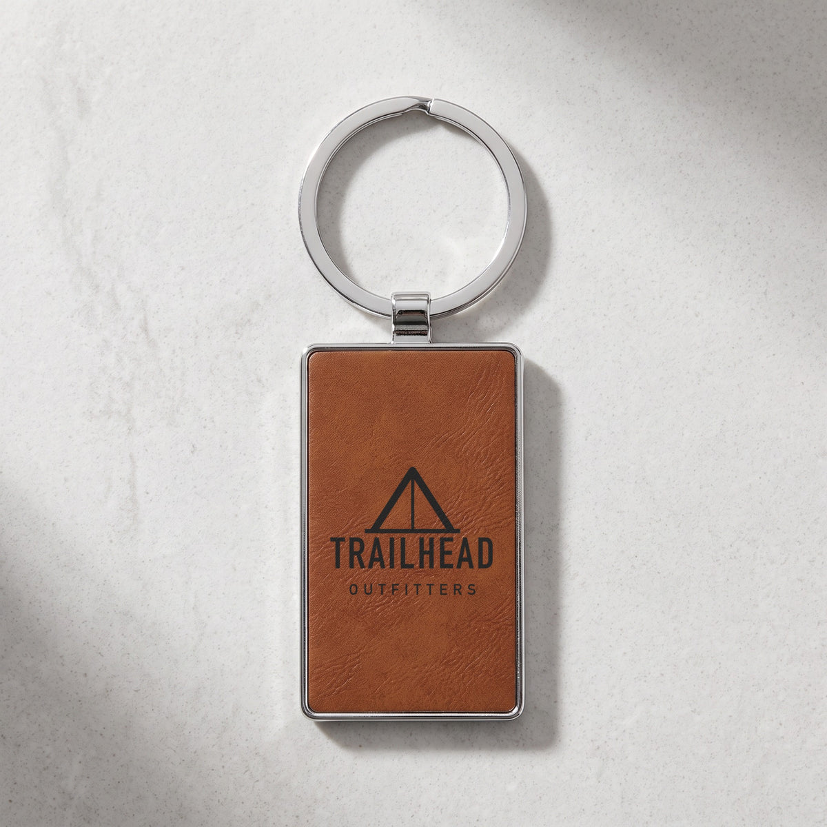 Custom Logo Leatherette & Metal Keychain – Rectangle, Rawhide with an engraved sample logo