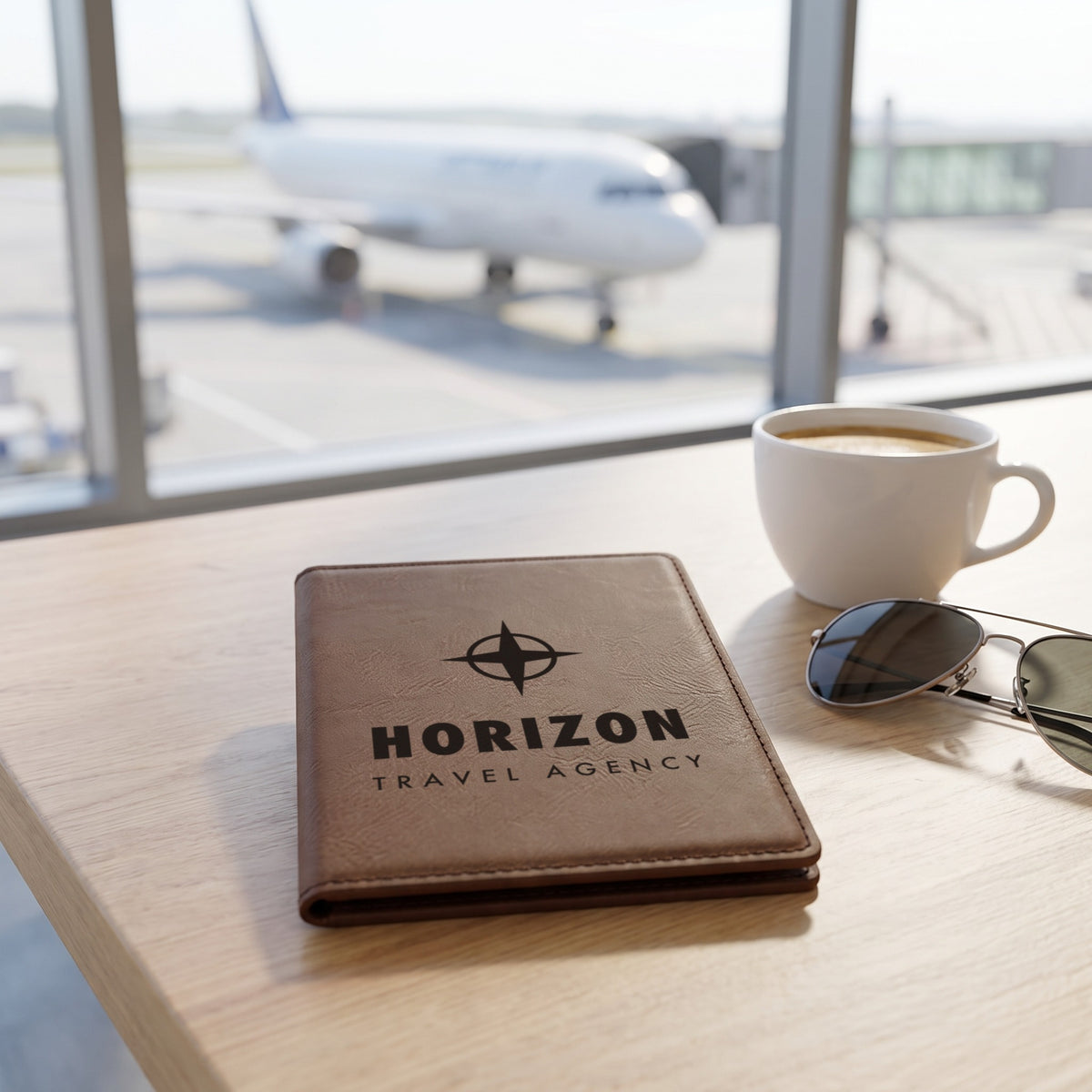Custom Logo Leatherette Passport Holder, dark brown with an engraved sample logo in an airport lounge