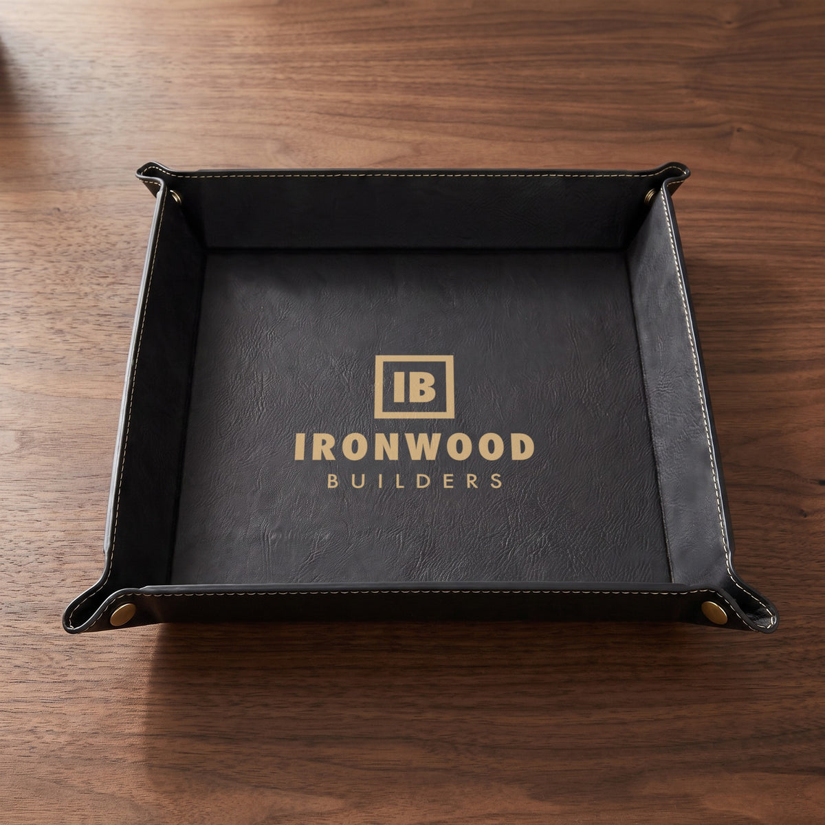 Custom Logo Leatherette Valet Tray – 9" Black/Gold with gold engraved sample logo