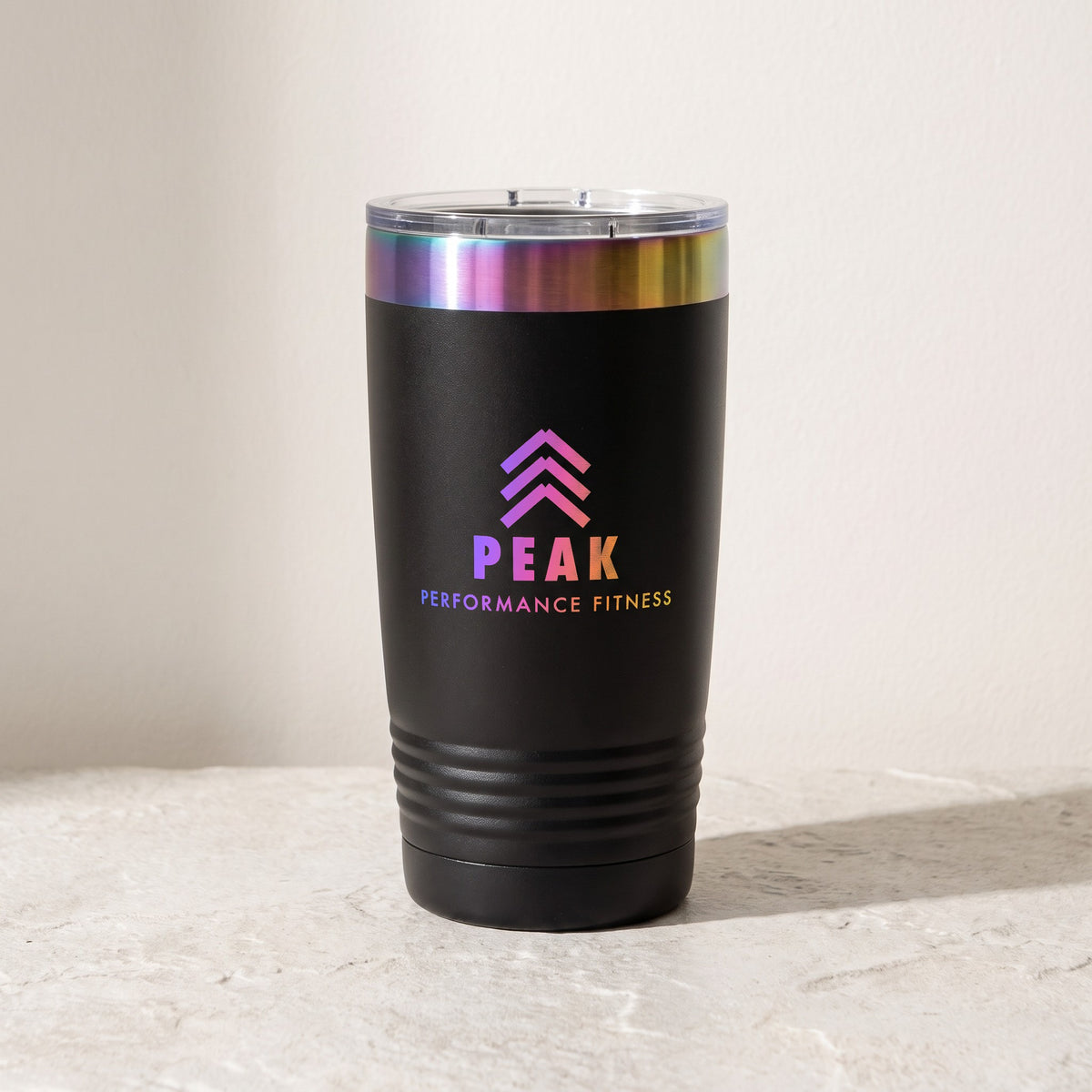 Custom Logo Polar Camel 20 oz Ringneck Tumbler – Black/Prism with iridescent rainbow engraved sample logo