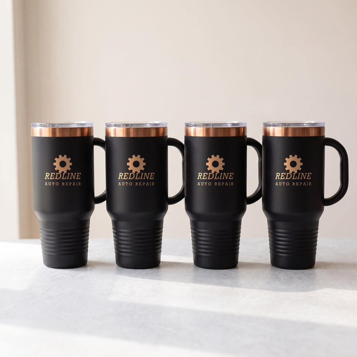 Custom Logo Polar Camel 40 oz Travel Mug with Handle & Straw – bulk order of Black/Rose Gold mugs, all engraved with the same sample logo