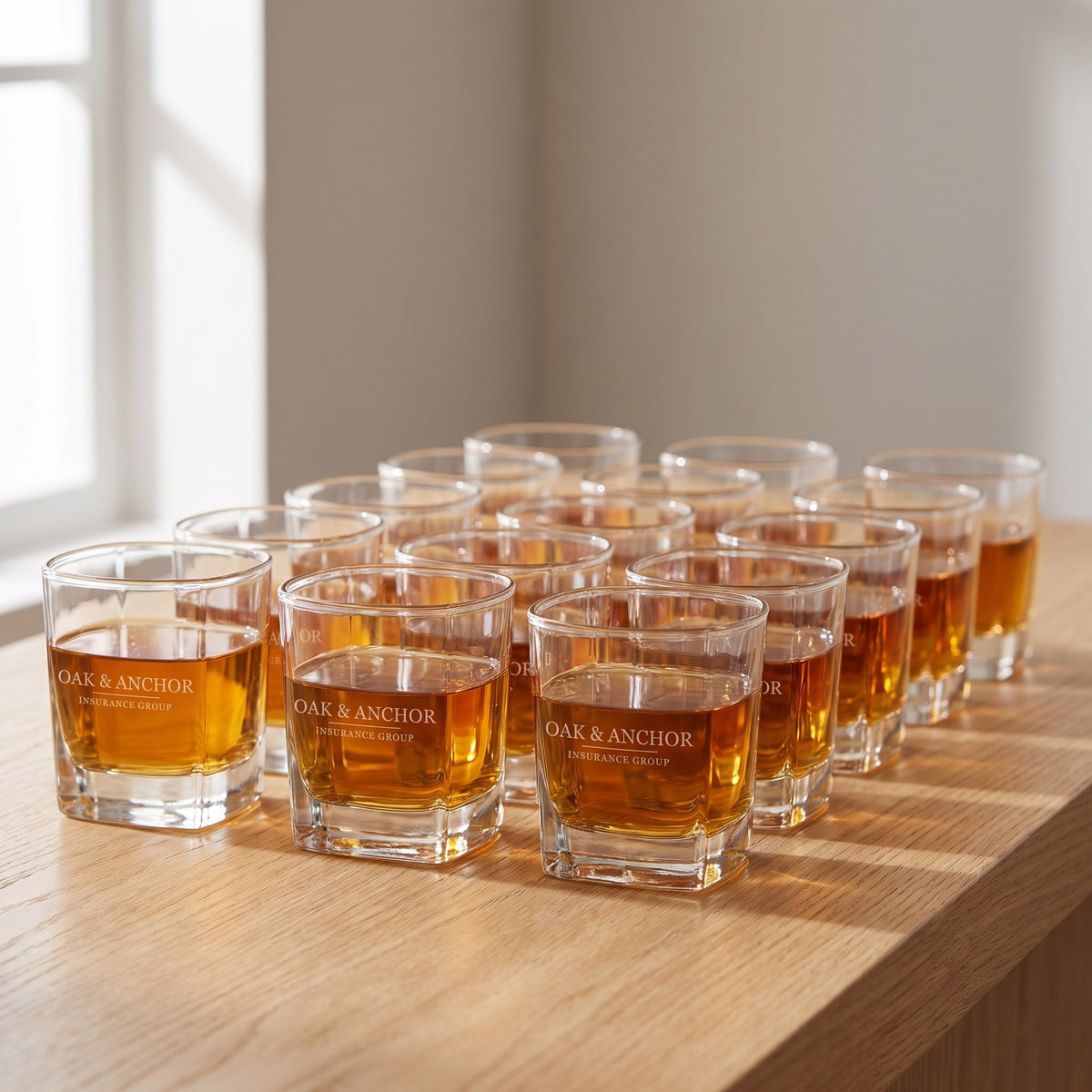 Custom Logo Square Rocks Glasses, 10.5 oz – bulk order of square rocks glasses, all engraved with the same sample logo