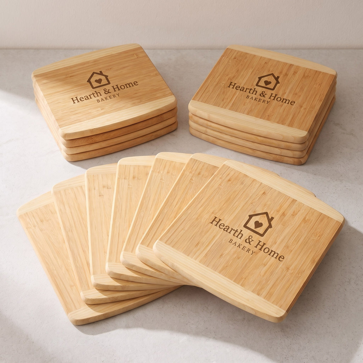 Custom Logo Two-Tone Bamboo Cutting Boards – bulk order of two-tone bamboo cutting boards, all engraved with the same sample logo
