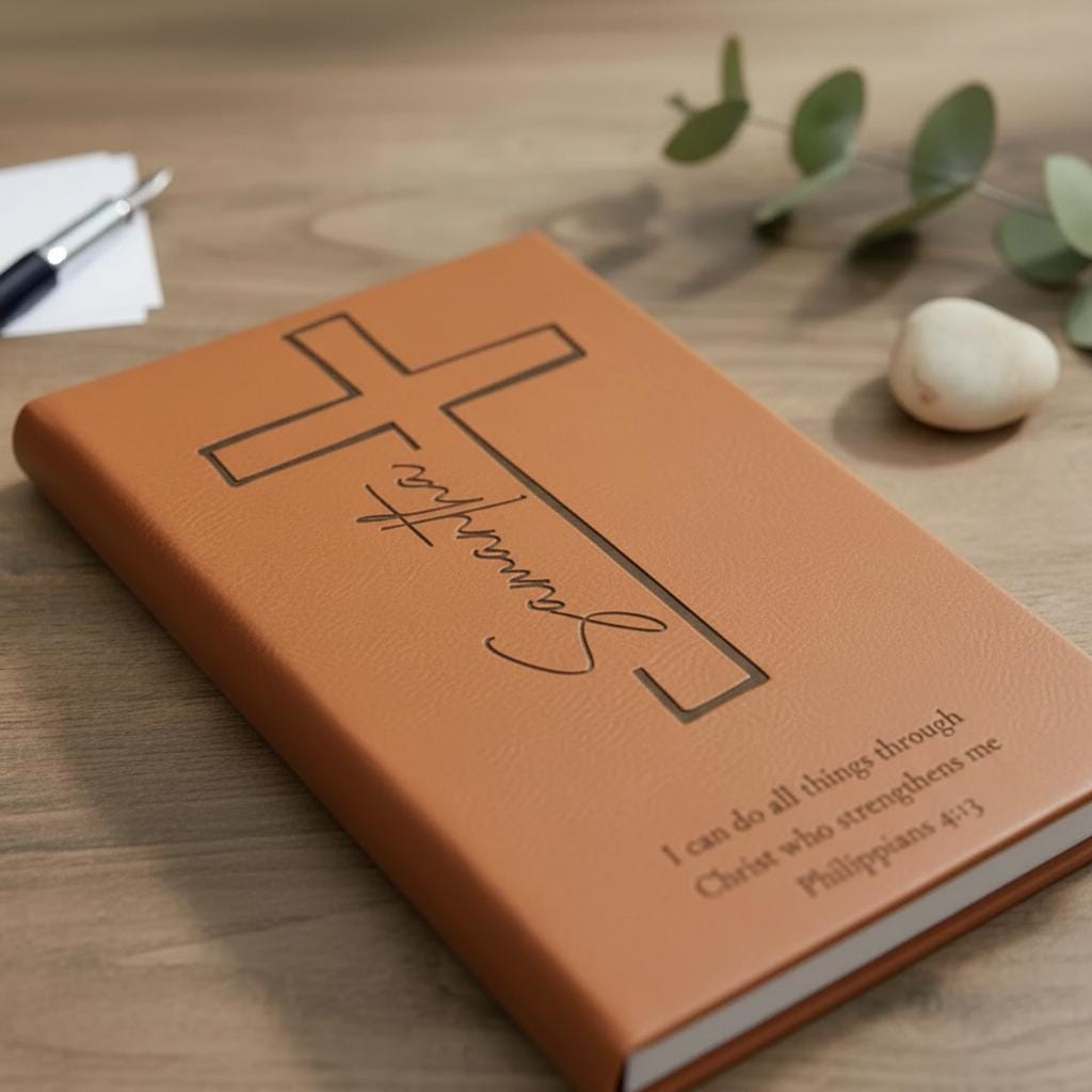Personalized Prayer Journal Engraved Cross Cover, Name & Bible Verse