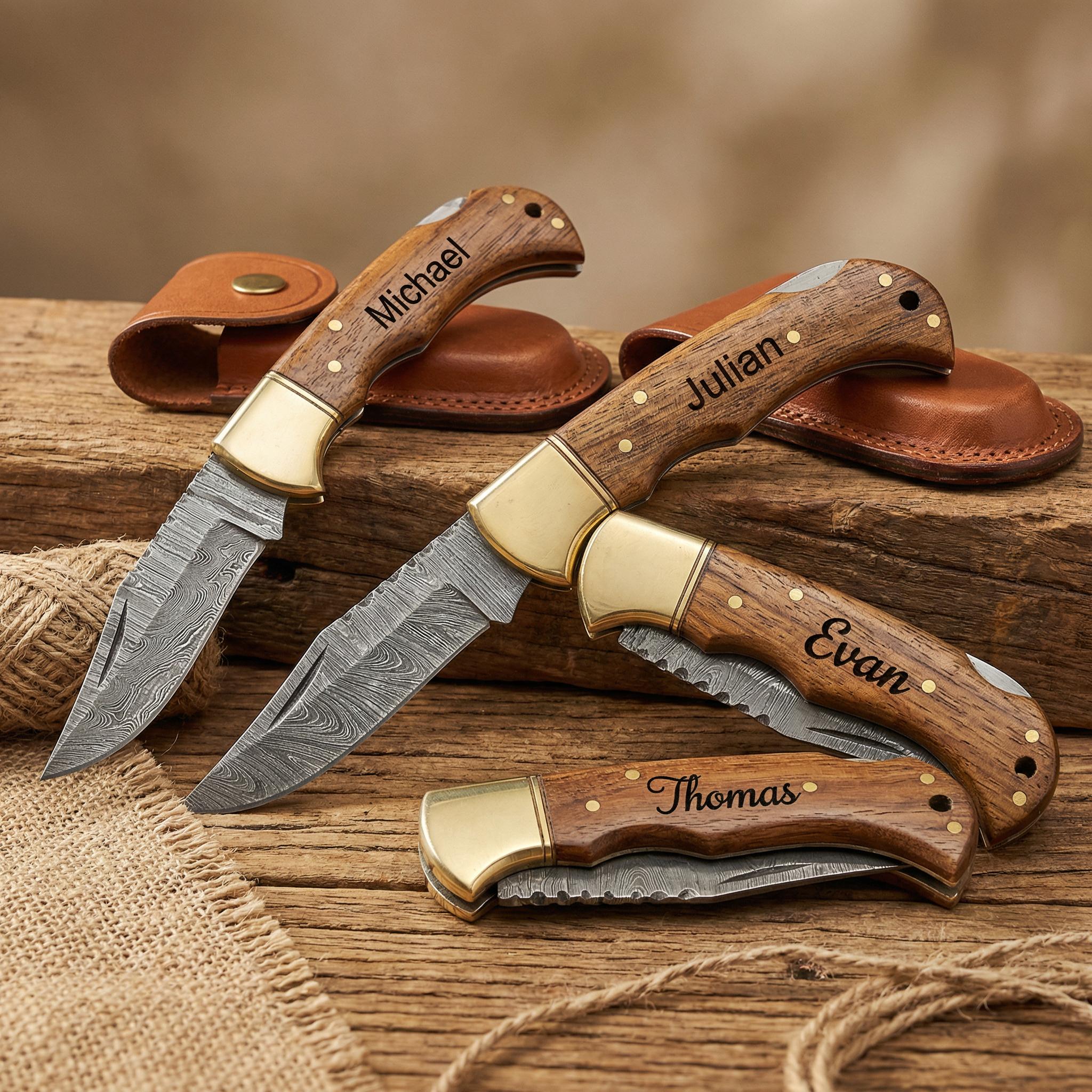 Personalized Damascus Pocket Knife, Engraved Wood Handle Folding Knife with Leather Sheath