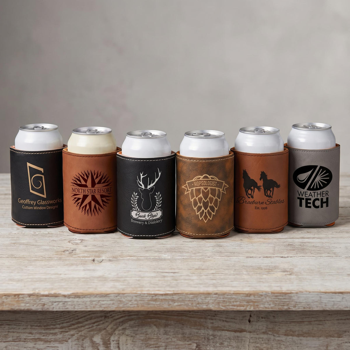 Custom Leatherette Can Cooler with Logo – Bulk Corporate & Event Favors