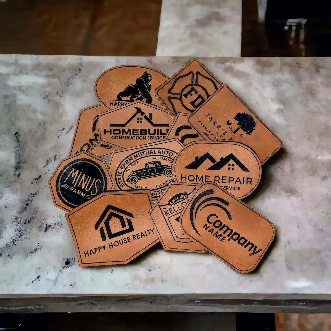 Laser engraved leatherette logo patches