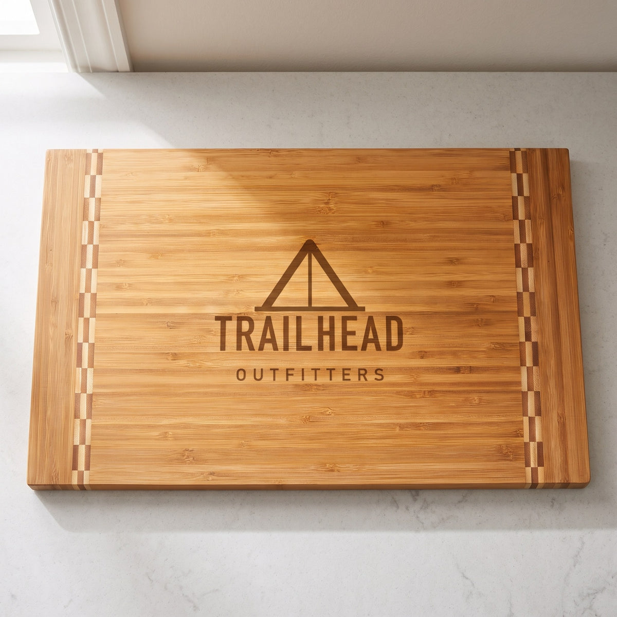 Custom Logo Bamboo Cutting Boards with Butcher Block Inlay – 18¼" x 12" with sample engraved logo