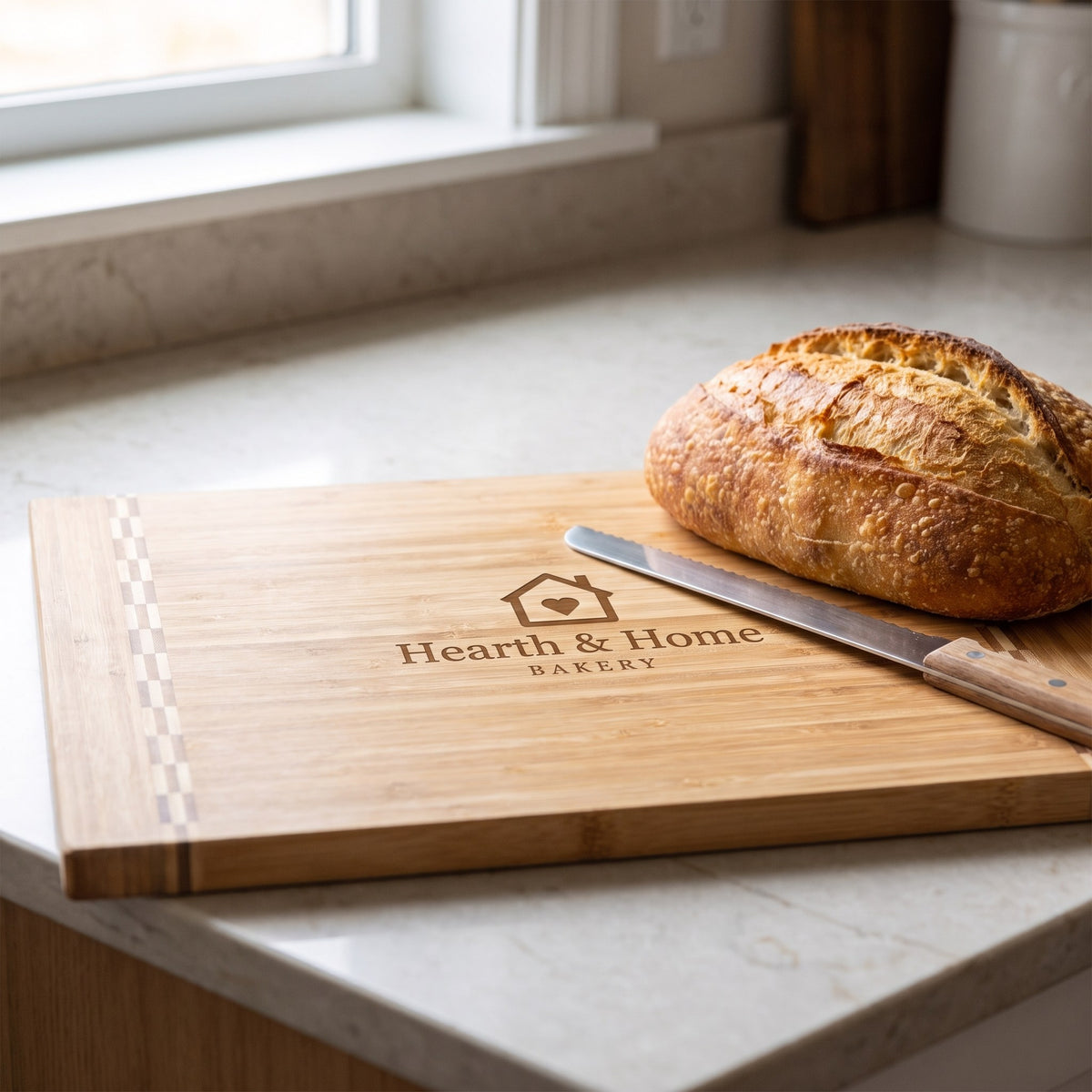 Custom Logo Bamboo Cutting Boards with Butcher Block Inlay – on a kitchen counter with sample engraved logo