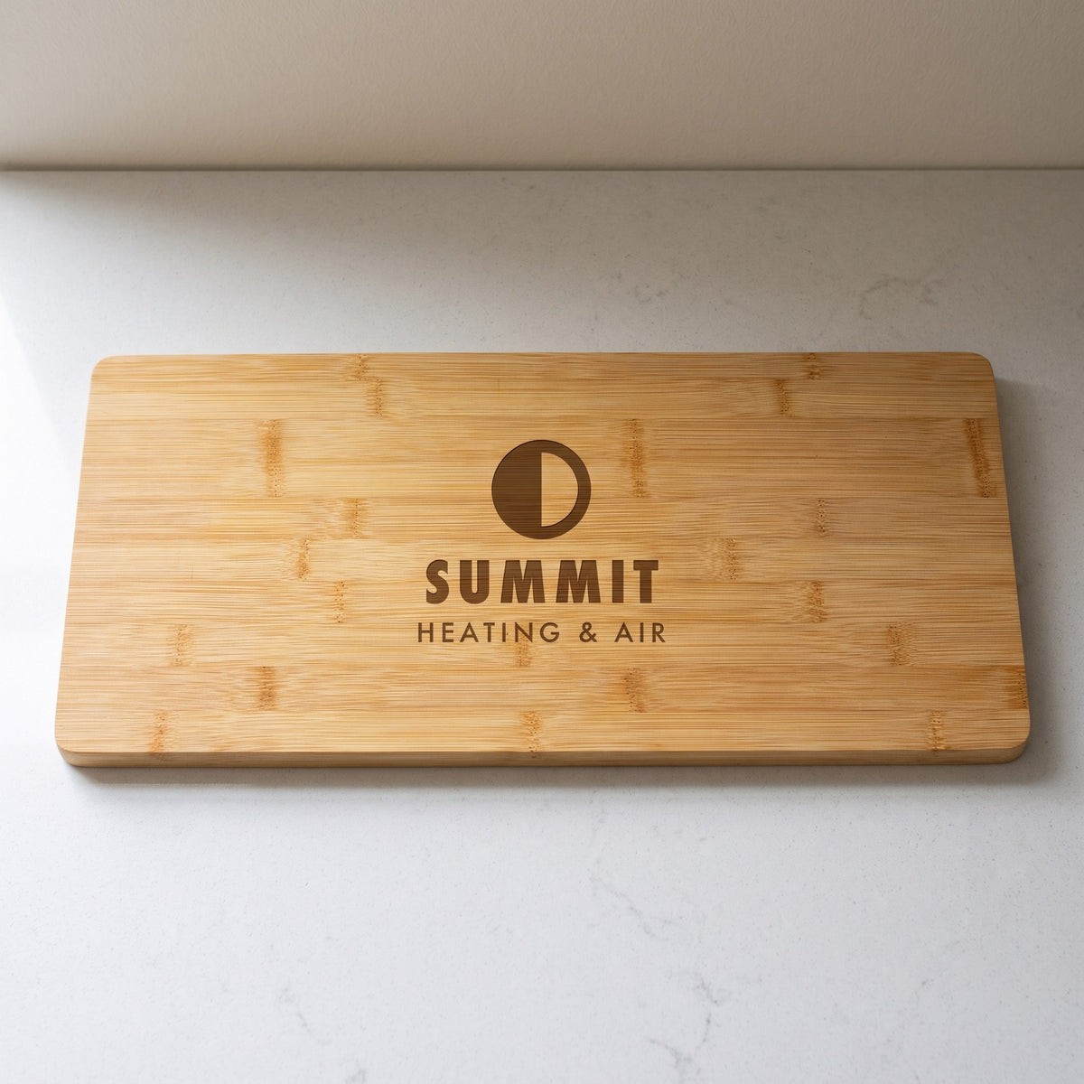 Custom Logo Bamboo Charcuterie Board 19¾" x 8" with sample engraved logo