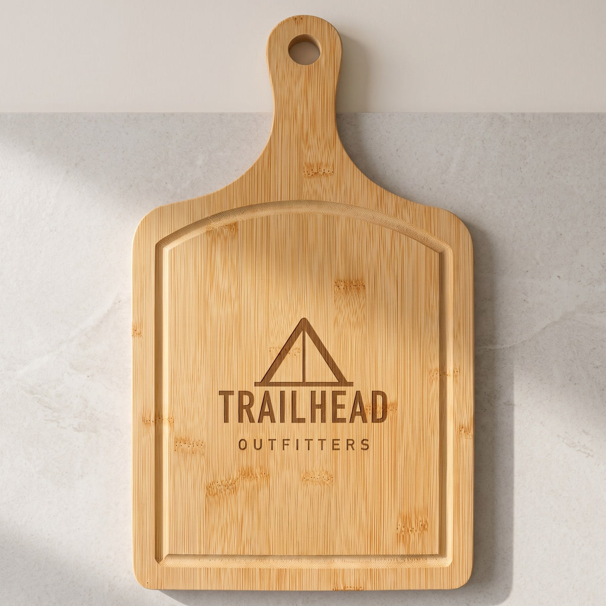 Custom Logo Bamboo Paddle Cutting Board with Drip Ring with sample engraved logo