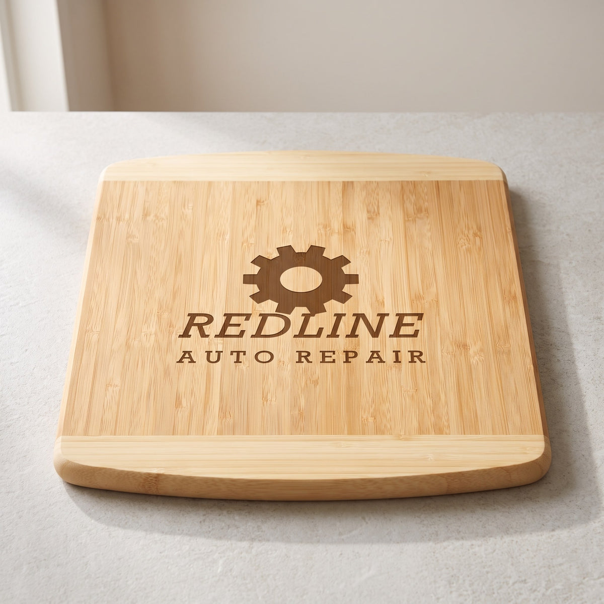 Custom Logo Two-Tone Bamboo Cutting Boards – 13½" x 11½" with sample engraved logo
