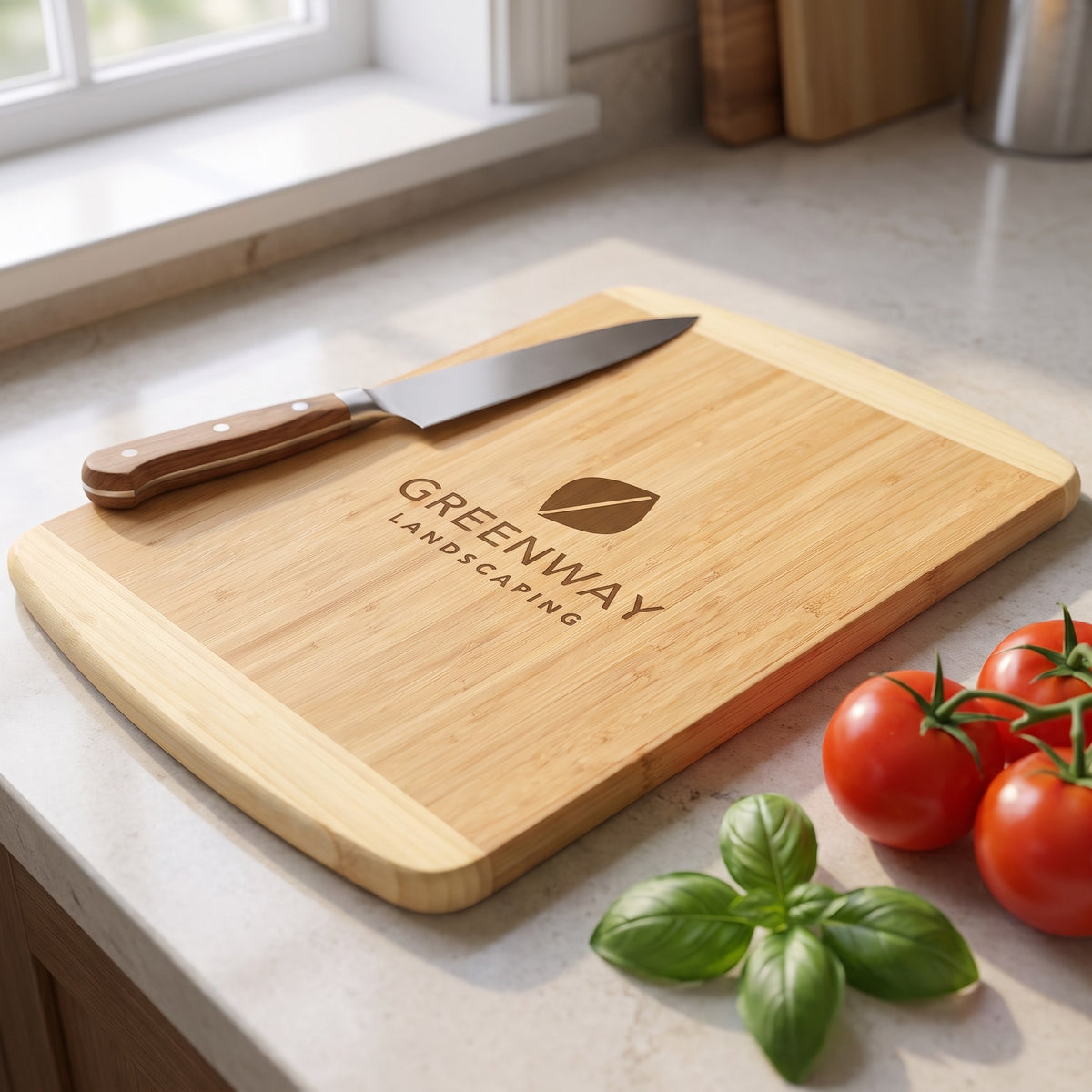 Custom Logo Two-Tone Bamboo Cutting Boards – with fresh tomatoes with sample engraved logo