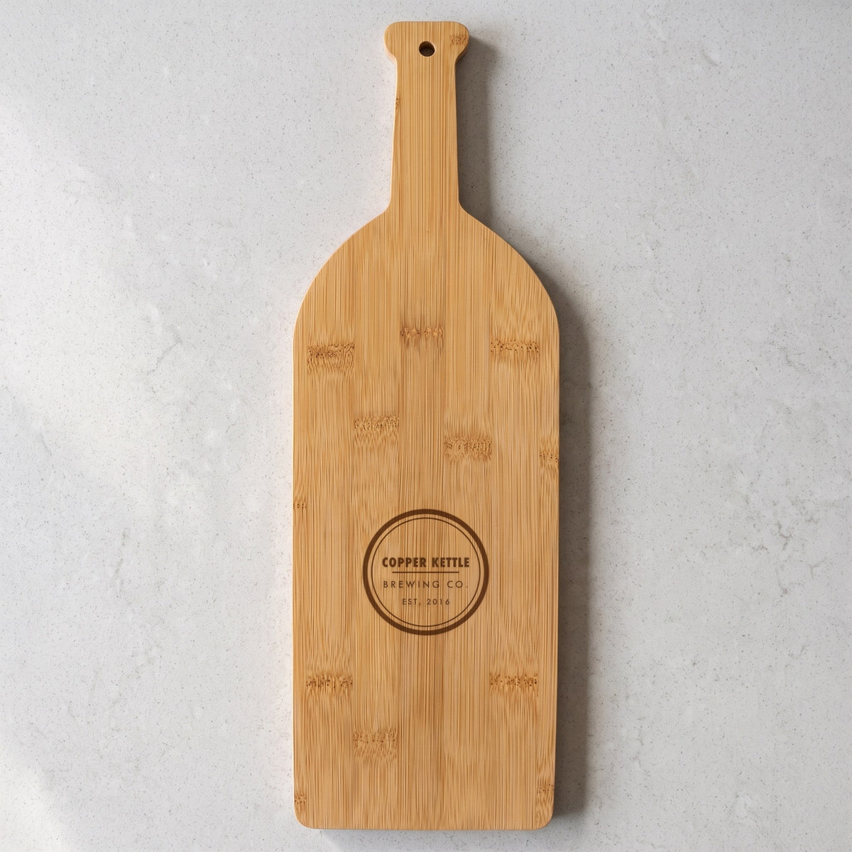 Custom Logo Bamboo Wine Bottle Cutting Board with sample engraved logo
