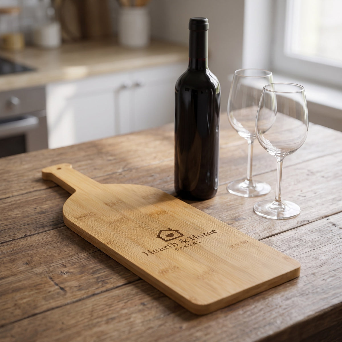 Custom Logo Bamboo Wine Bottle Cutting Board – with red wine with sample engraved logo