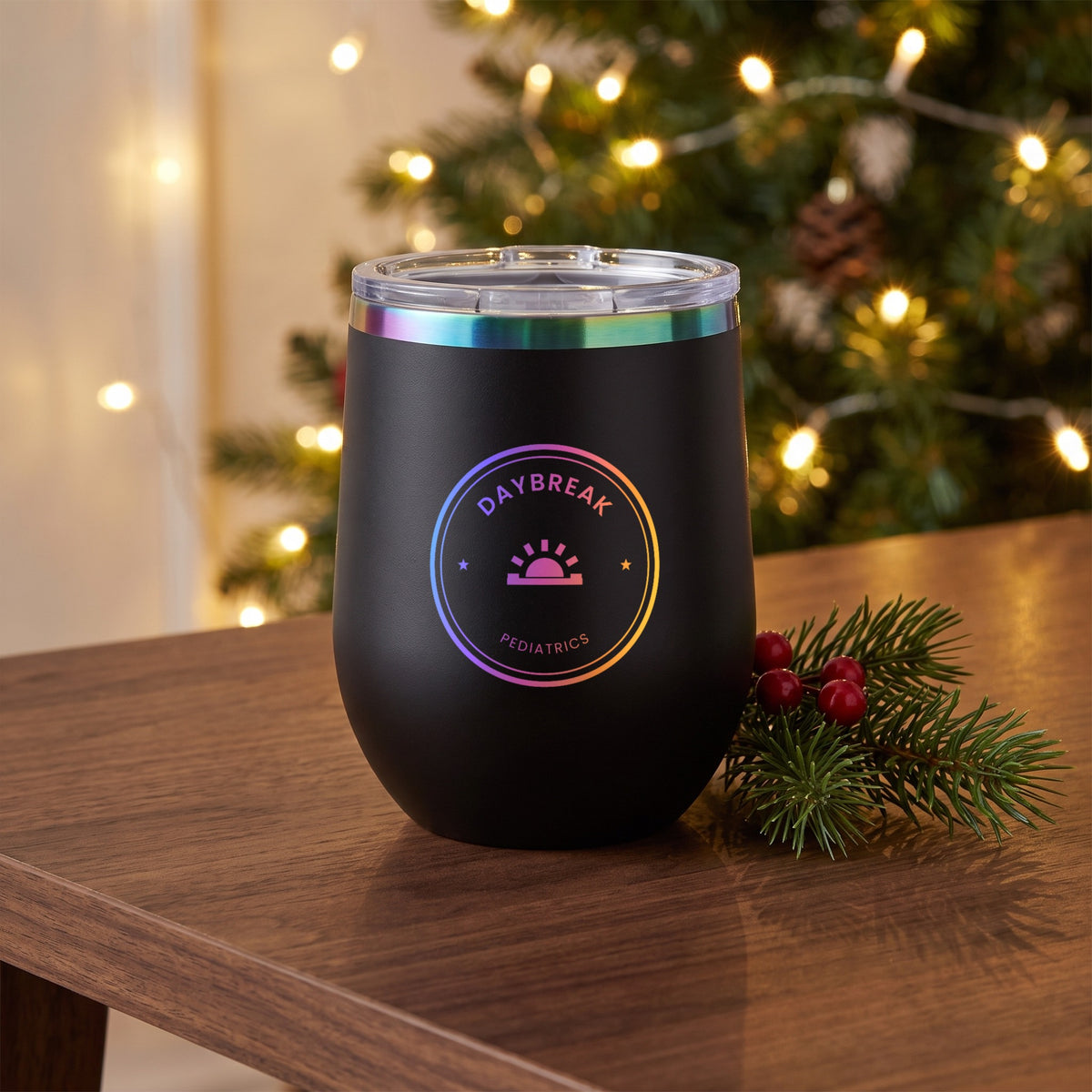 Custom Logo Polar Camel 12 oz Stemless Wine Tumbler, black with a prism rim and a rainbow engraved sample logo