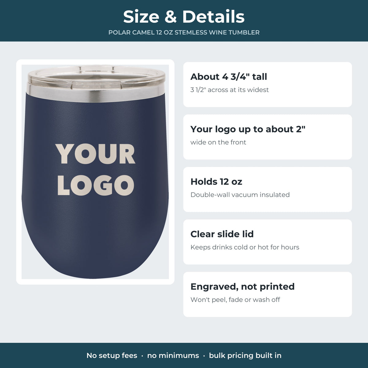 Custom Logo Polar Camel 12 oz Stemless Wine Tumbler – size and details: 12 oz, about 4 3/4 inches tall, logo up to about 2 inches wide
