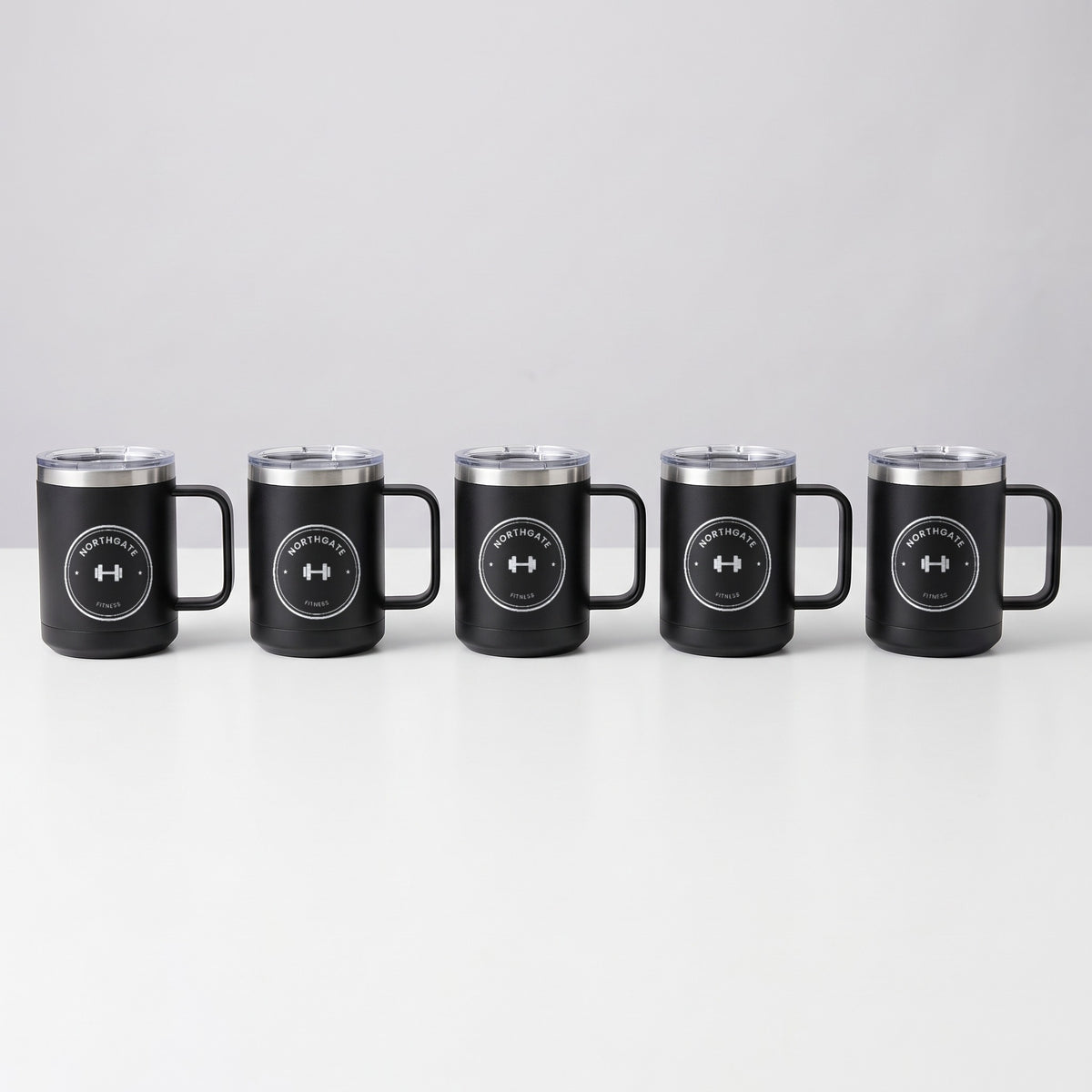 Custom Logo Polar Camel 15 oz Insulated Mug – five black mugs in bulk, engraved with the same sample logo