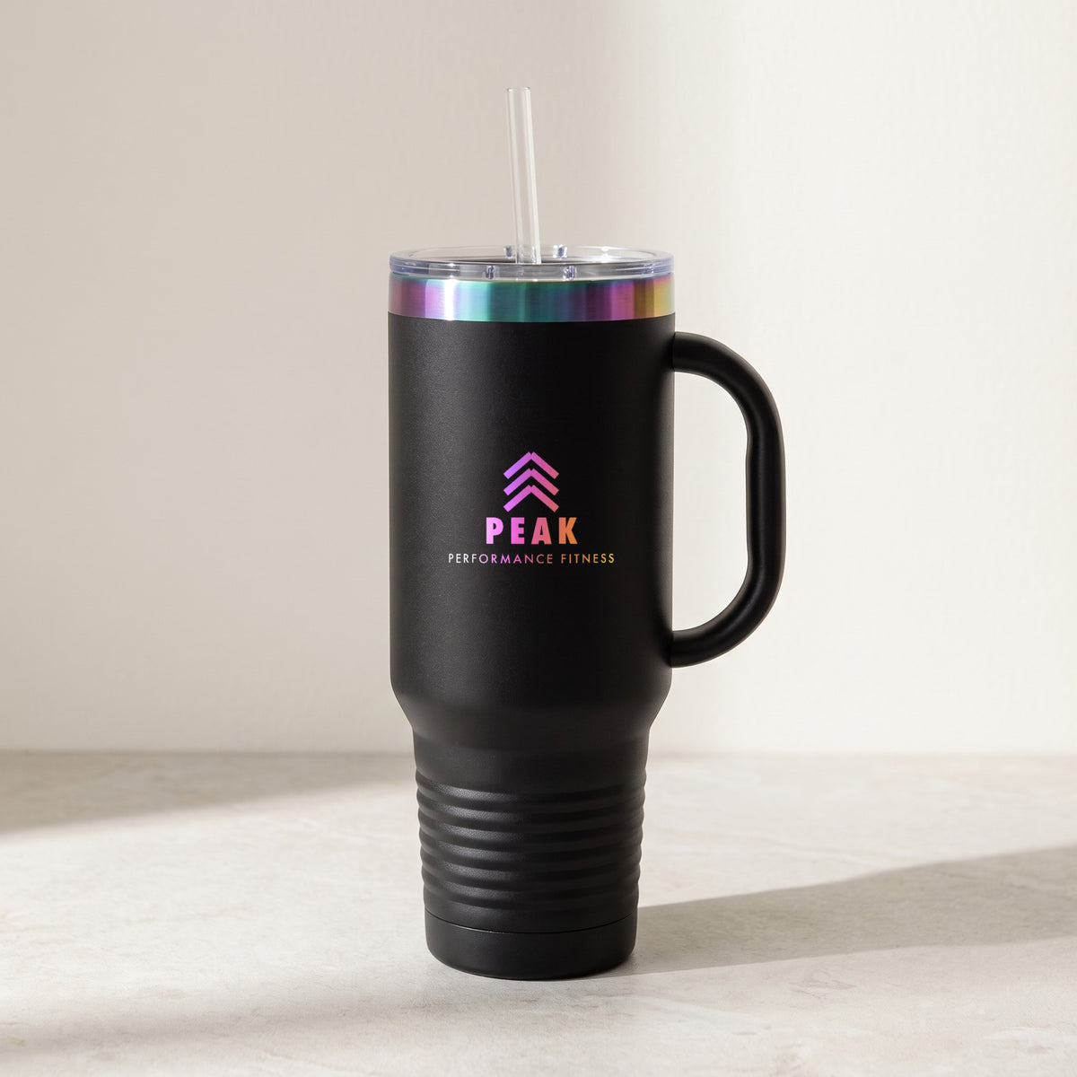 Custom Logo Polar Camel 40 oz Travel Mug – Black/Prism with a rainbow prism engraved sample logo