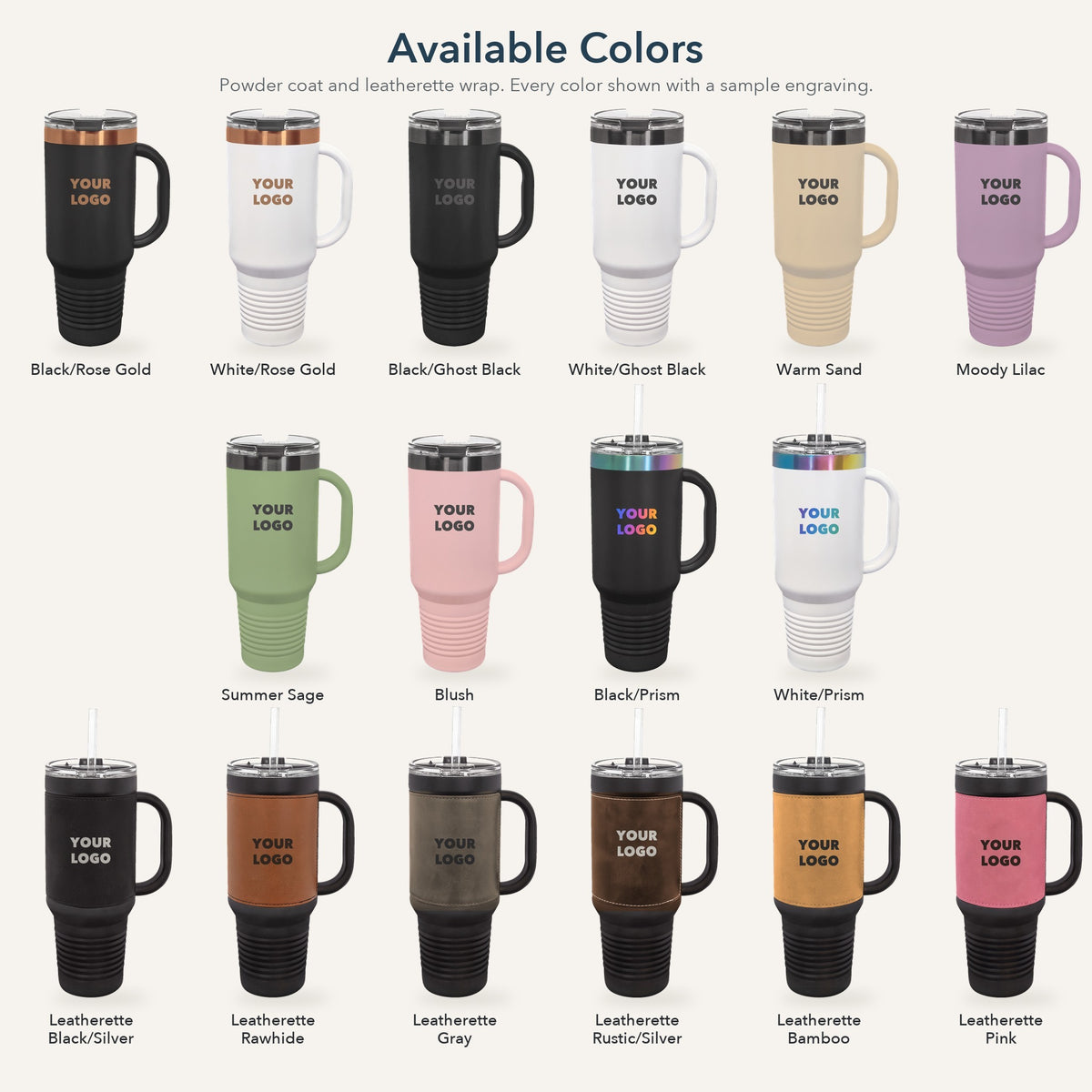 Custom Logo Polar Camel 40 oz Travel Mug – all 16 available colors with sample engravings
