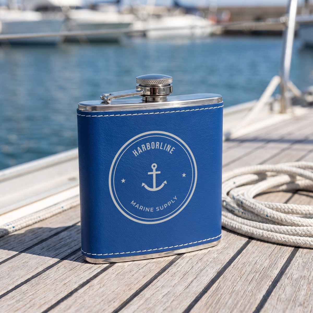 Custom Logo 6 oz Leatherette Flask, blue/silver with a silver engraved sample logo on a sailboat deck