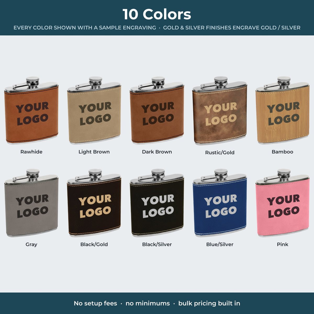 Custom Logo 6 oz Leatherette Flask – all 10 colors with a sample engraving