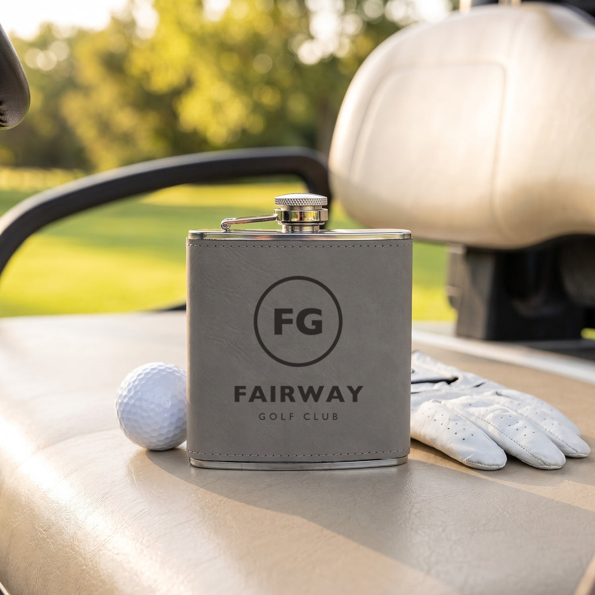 Custom Logo 6 oz Leatherette Flask, gray with an engraved sample logo on a golf cart
