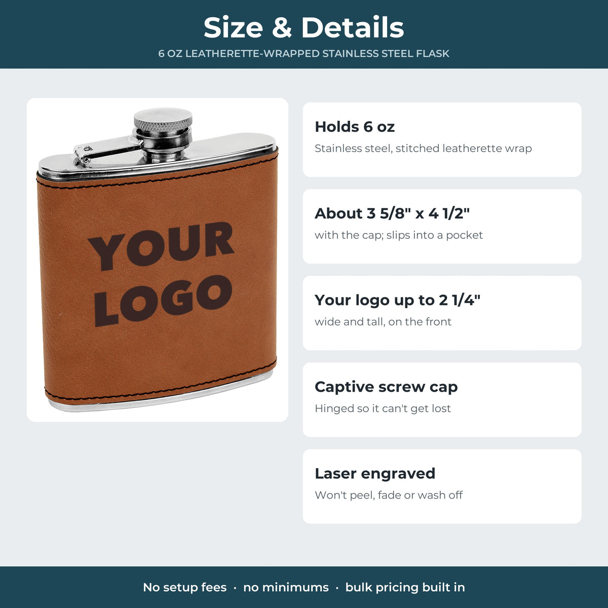 Custom Logo 6 oz Leatherette Flask – size and details: holds 6 oz, about 3 5/8 x 4 1/2 inches, logo up to 2 1/4 inches