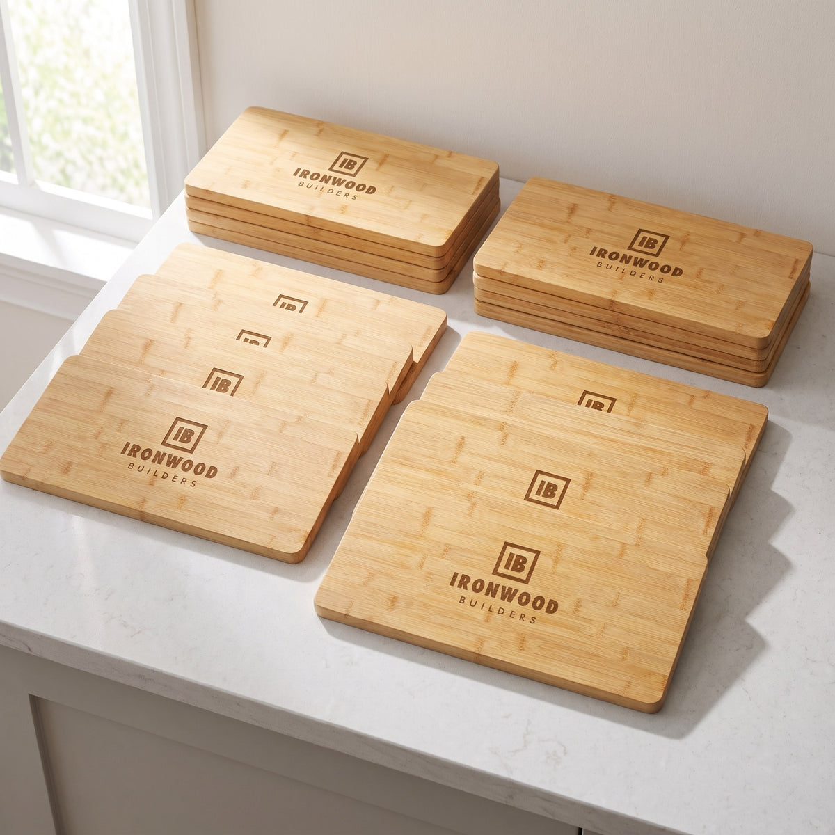 Custom Logo Bamboo Charcuterie Board, 19¾" x 8" – bulk order of bamboo charcuterie boards, all engraved with the same sample logo