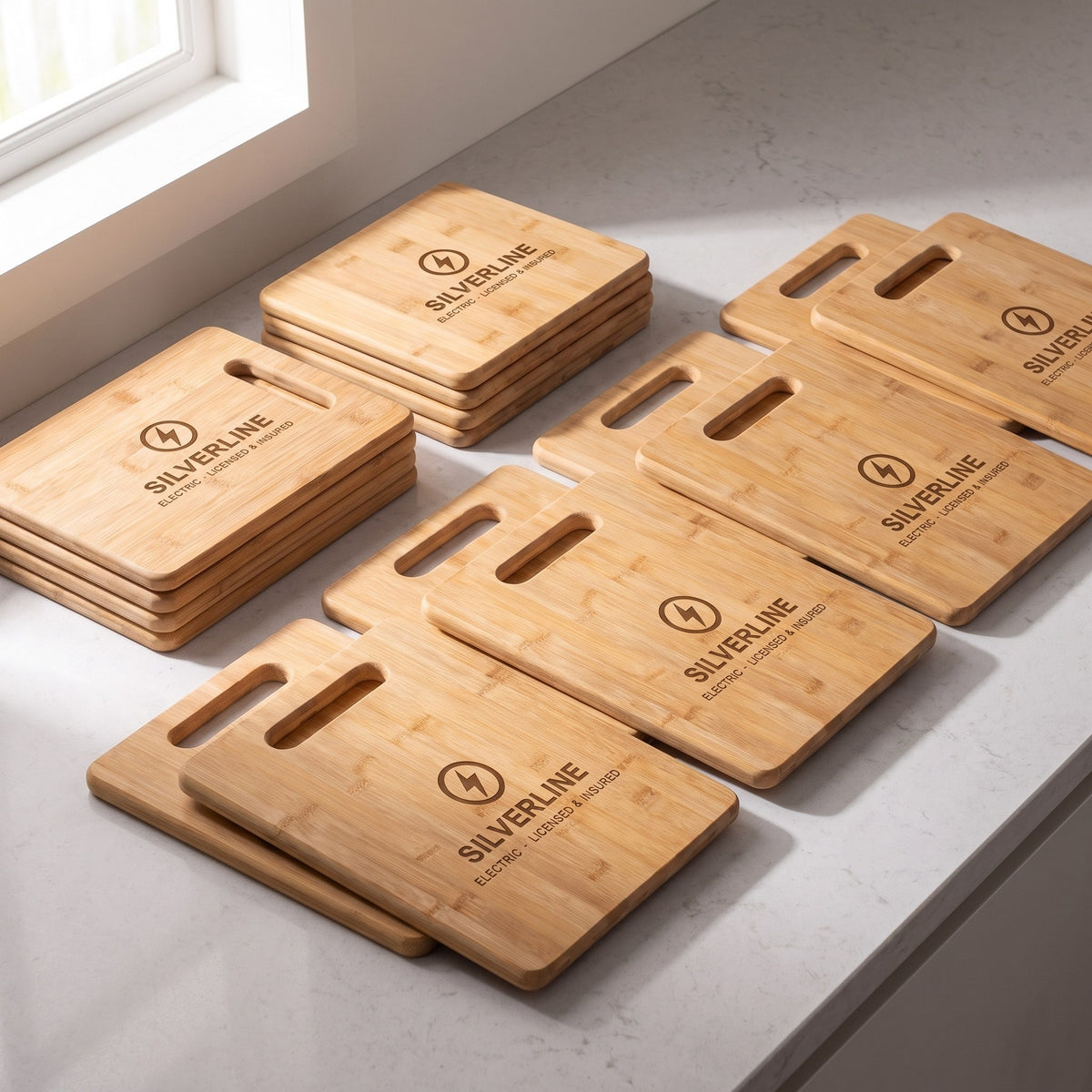 Custom Logo Bamboo Rectangle Cutting Boards – bulk order of bamboo rectangle cutting boards, all engraved with the same sample logo