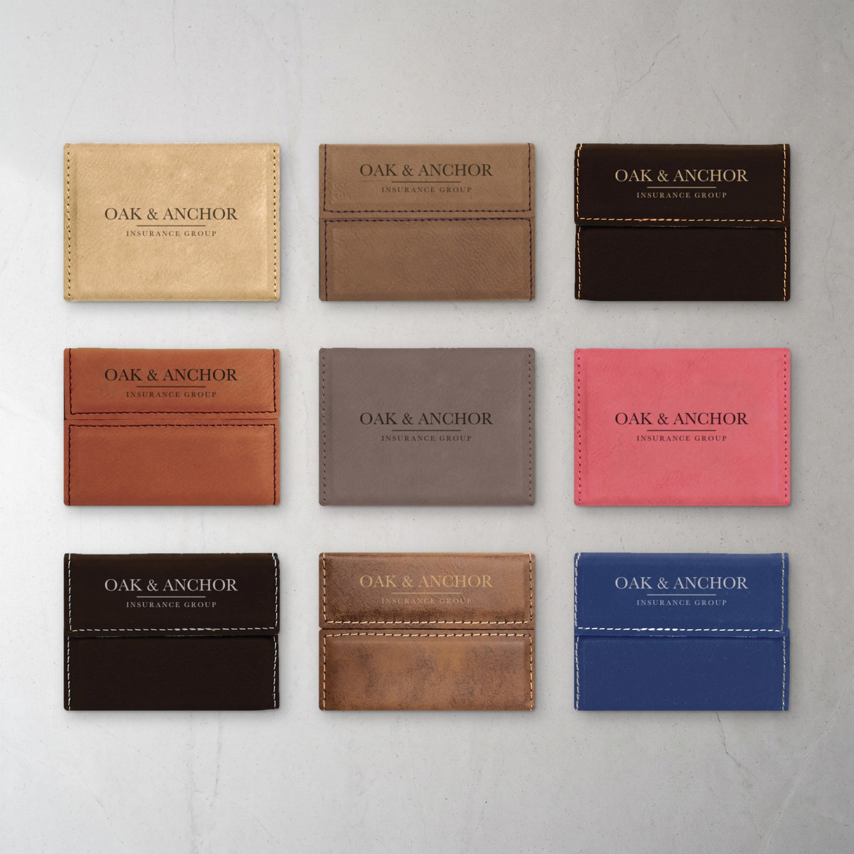 Custom Logo Leatherette Business Card Holder – all 9 colors with the same engraved sample logo