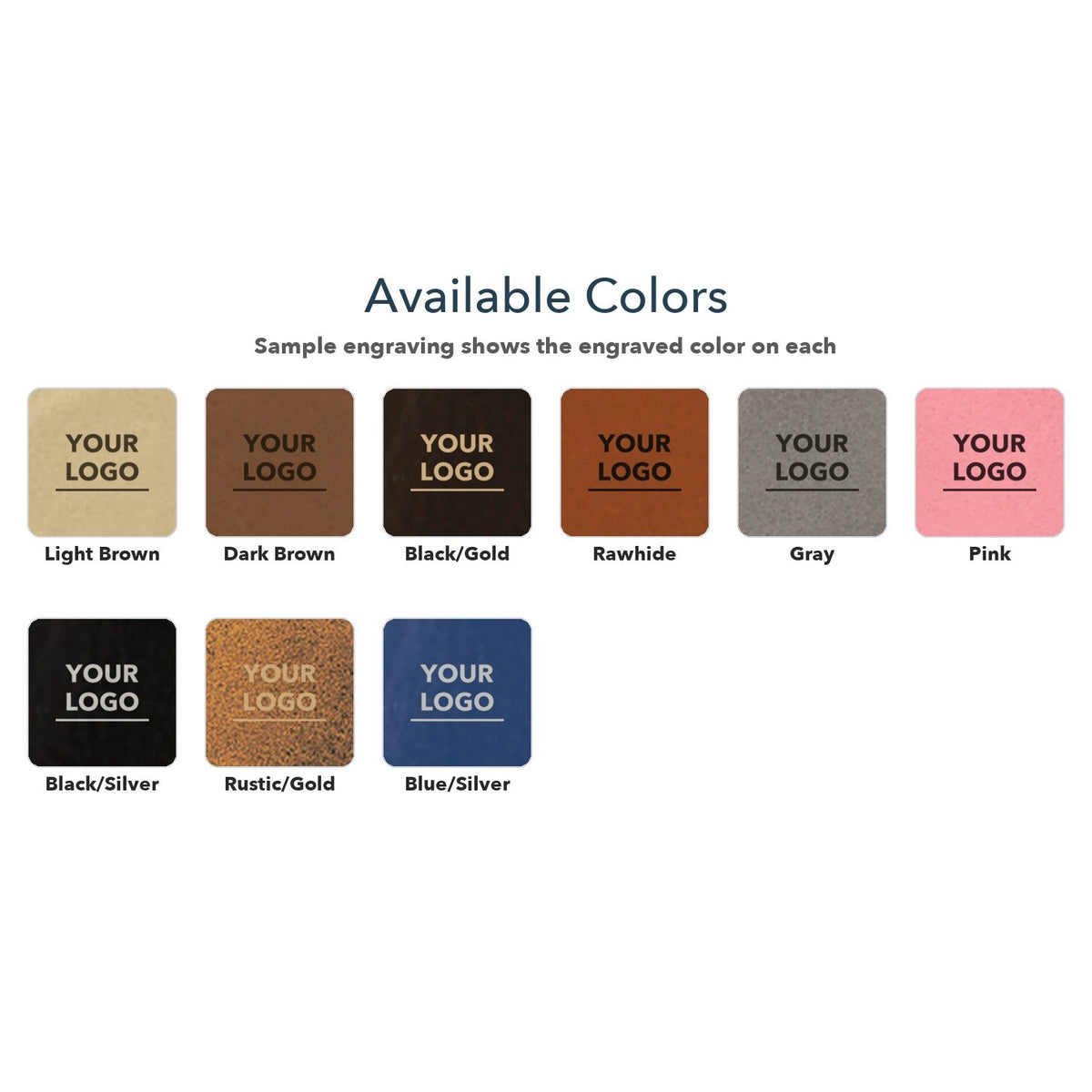 Custom Logo Leatherette Business Card Holder – available colors, each with a sample engraving showing its engraved color