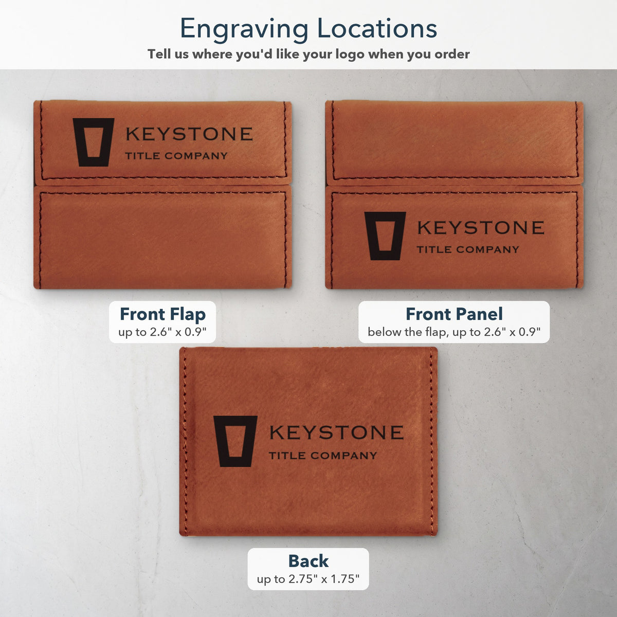 Custom Logo Leatherette Business Card Holder – engraving locations: front flap, front panel or back, with maximum logo sizes