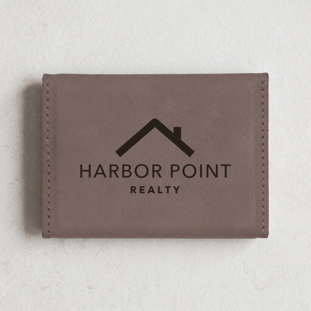 Custom Logo Leatherette Business Card Holder – Gray with engraved sample logo on the back