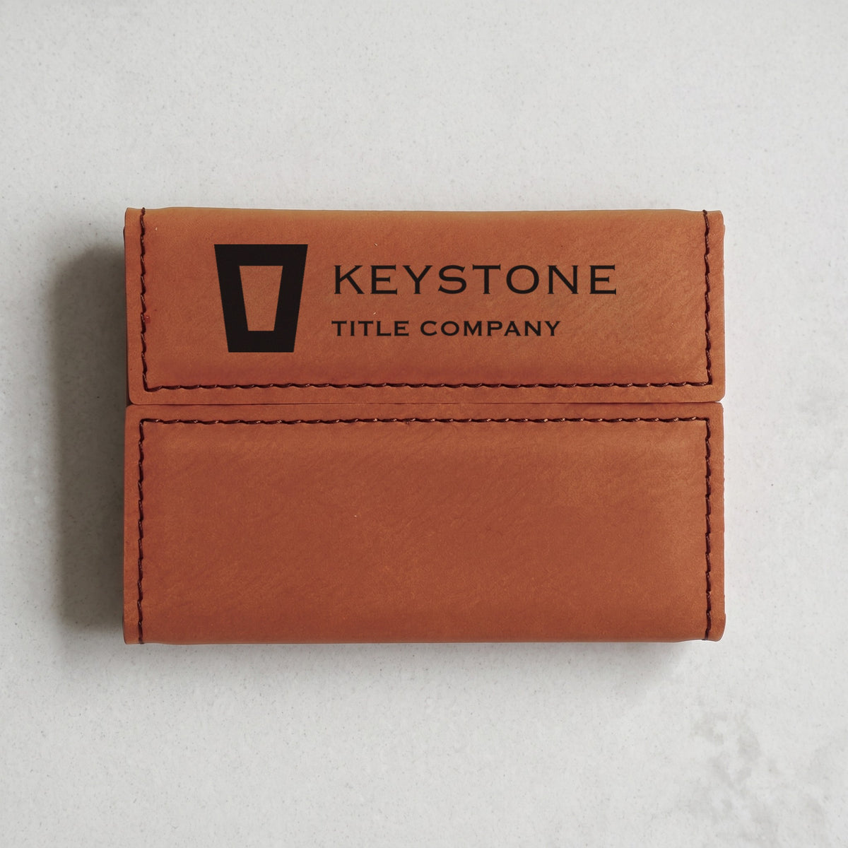Custom Logo Leatherette Business Card Holder – Rawhide with engraved sample logo on the flap