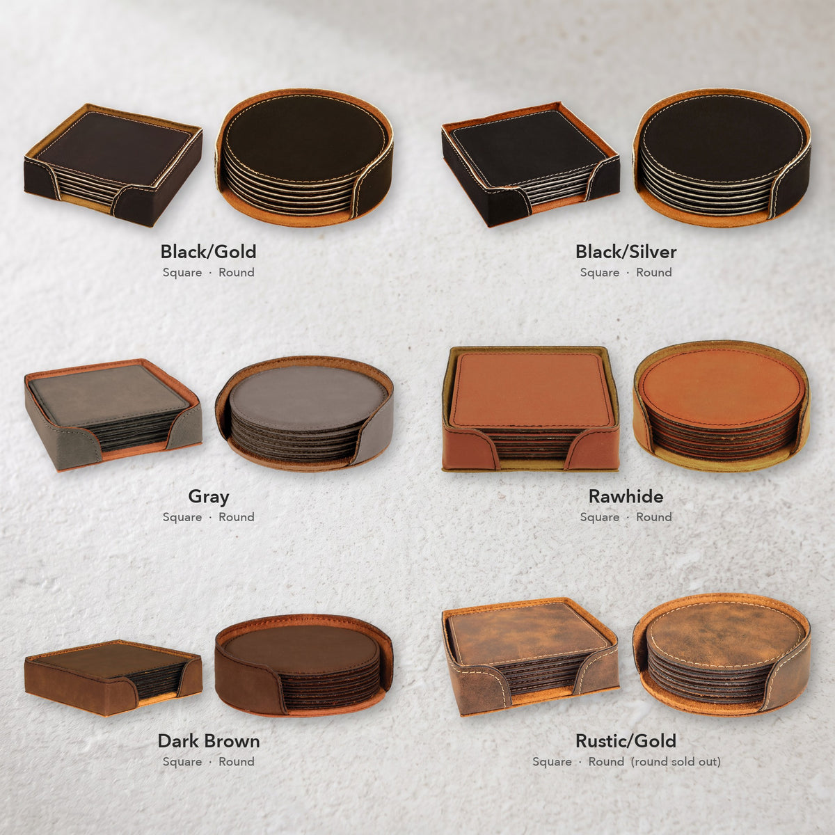 Custom Logo Leatherette Coaster Set – all 6 colors in square and round sets