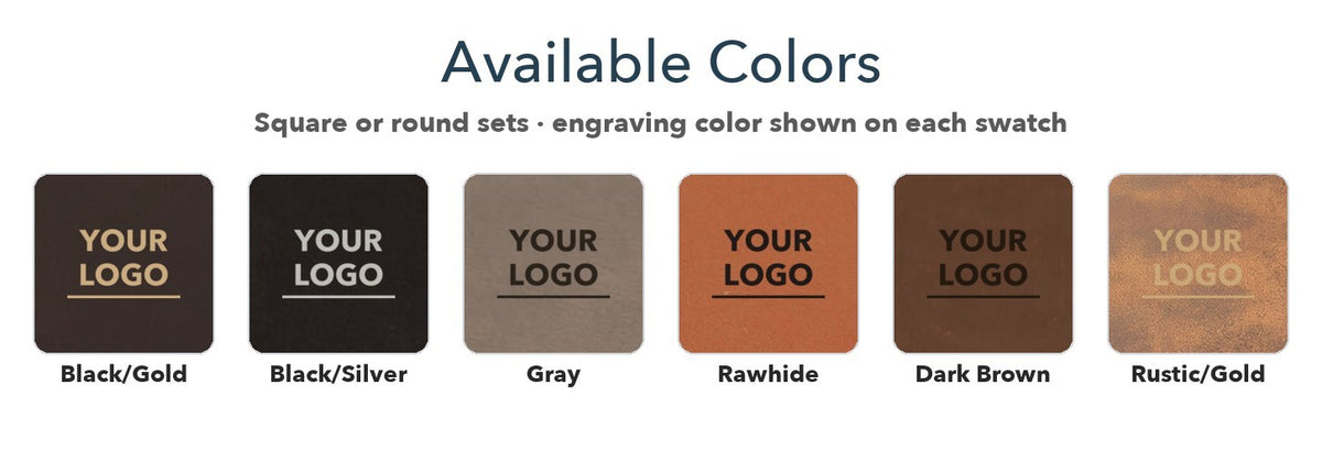 Custom Logo Leatherette Coaster Set – available colors with the engraving color shown on each