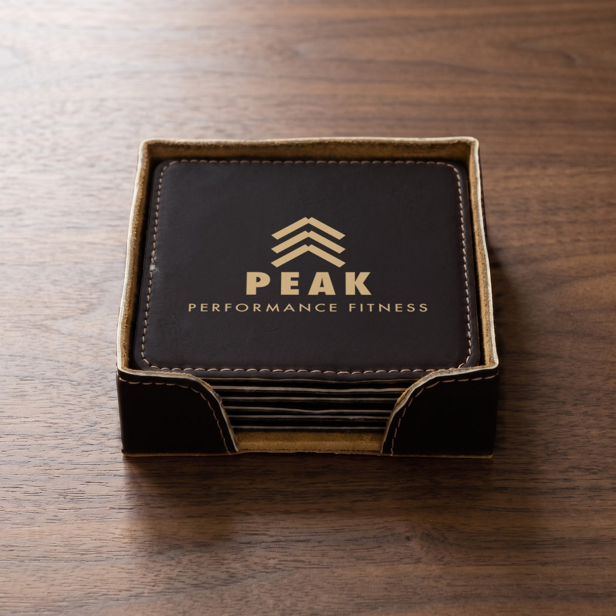 Custom Logo Leatherette Coaster Set – square Black/Gold set of 6 with holder, gold engraved sample logo
