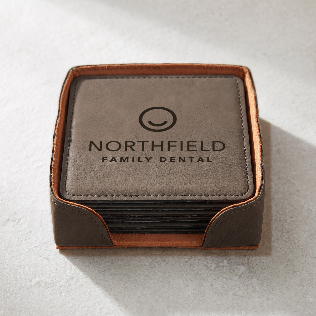 Custom Logo Leatherette Coaster Set – square Gray set with dark engraved sample logo