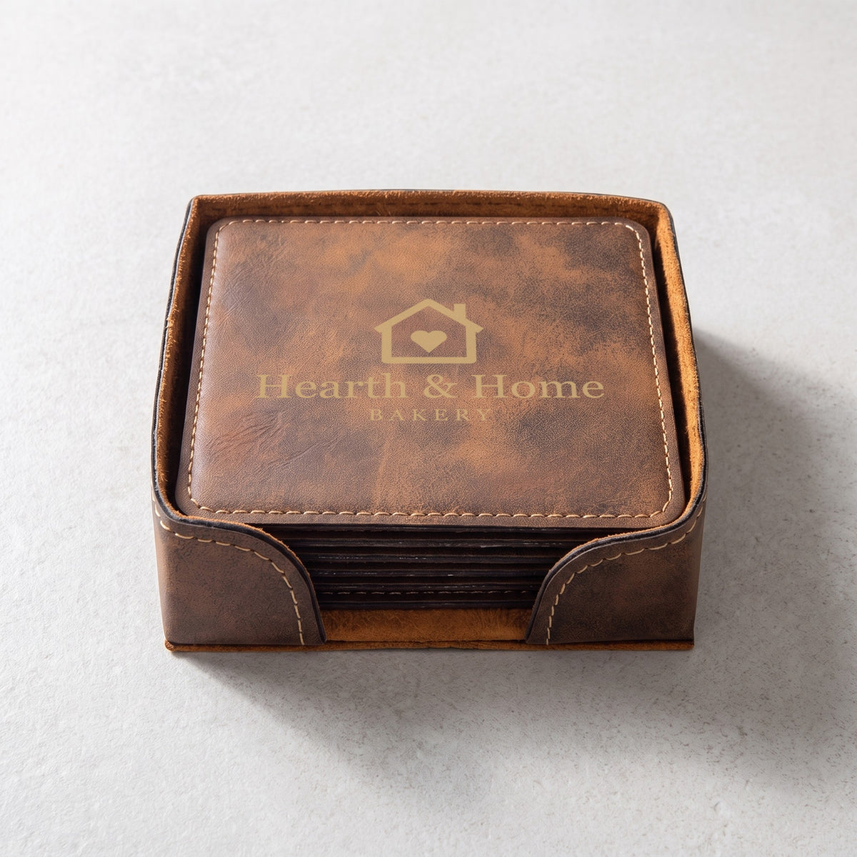 Custom Logo Leatherette Coaster Set – square Rustic/Gold set with gold engraved sample logo