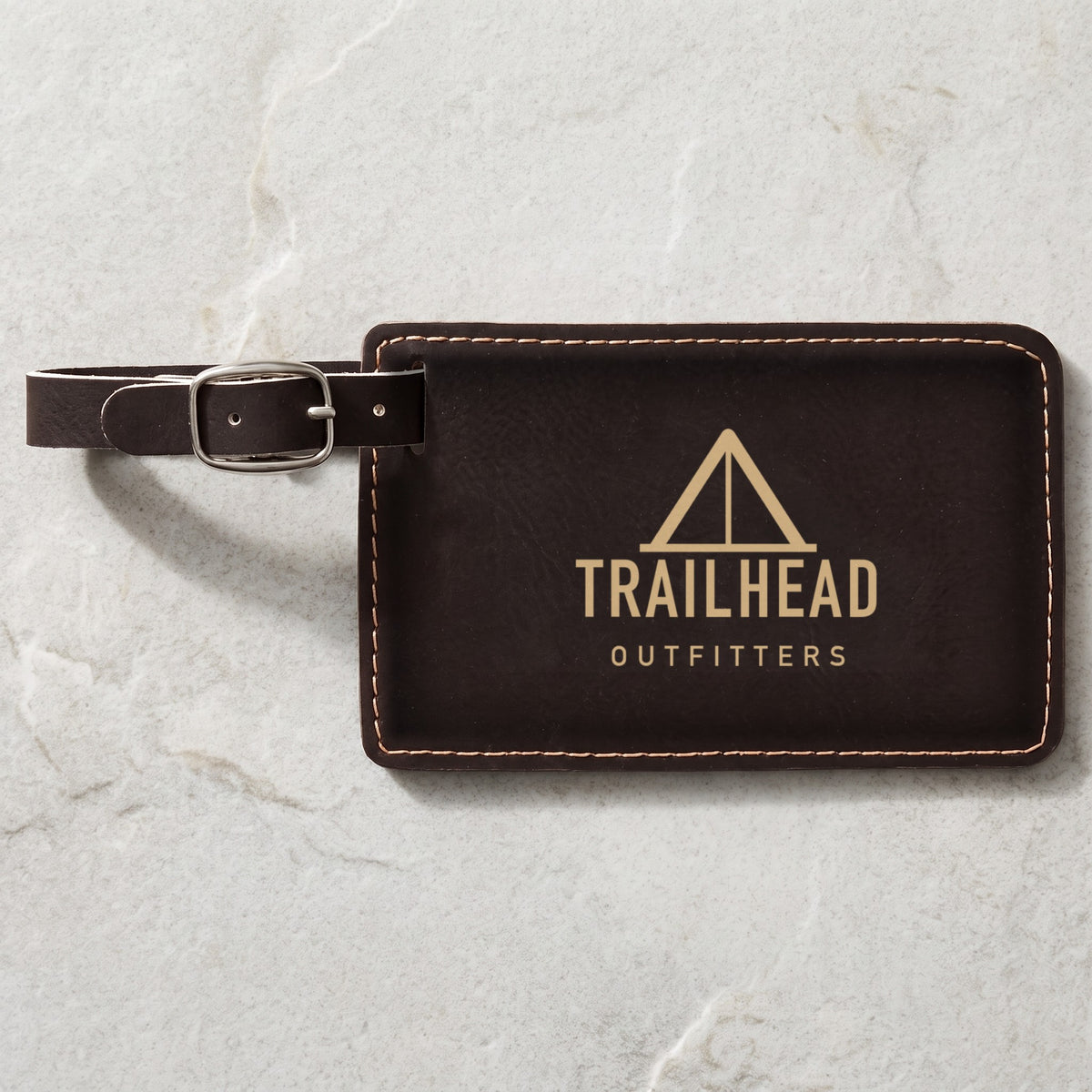 Custom Logo Leatherette Luggage Tag – Black/Gold with gold engraved sample logo