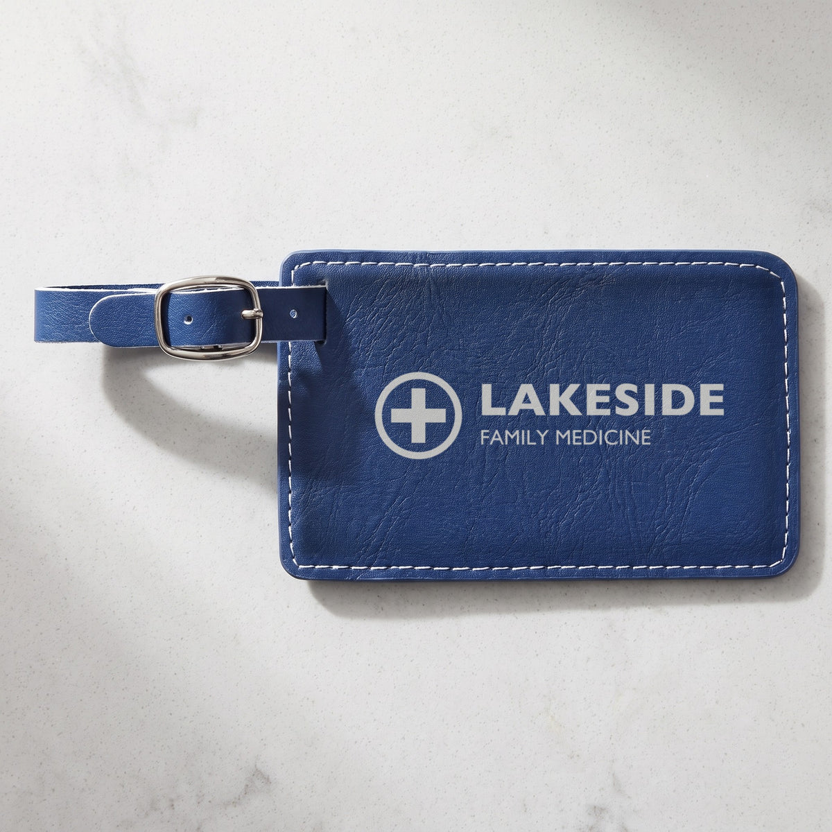 Custom Logo Leatherette Luggage Tag – Blue/Silver with silver engraved sample logo