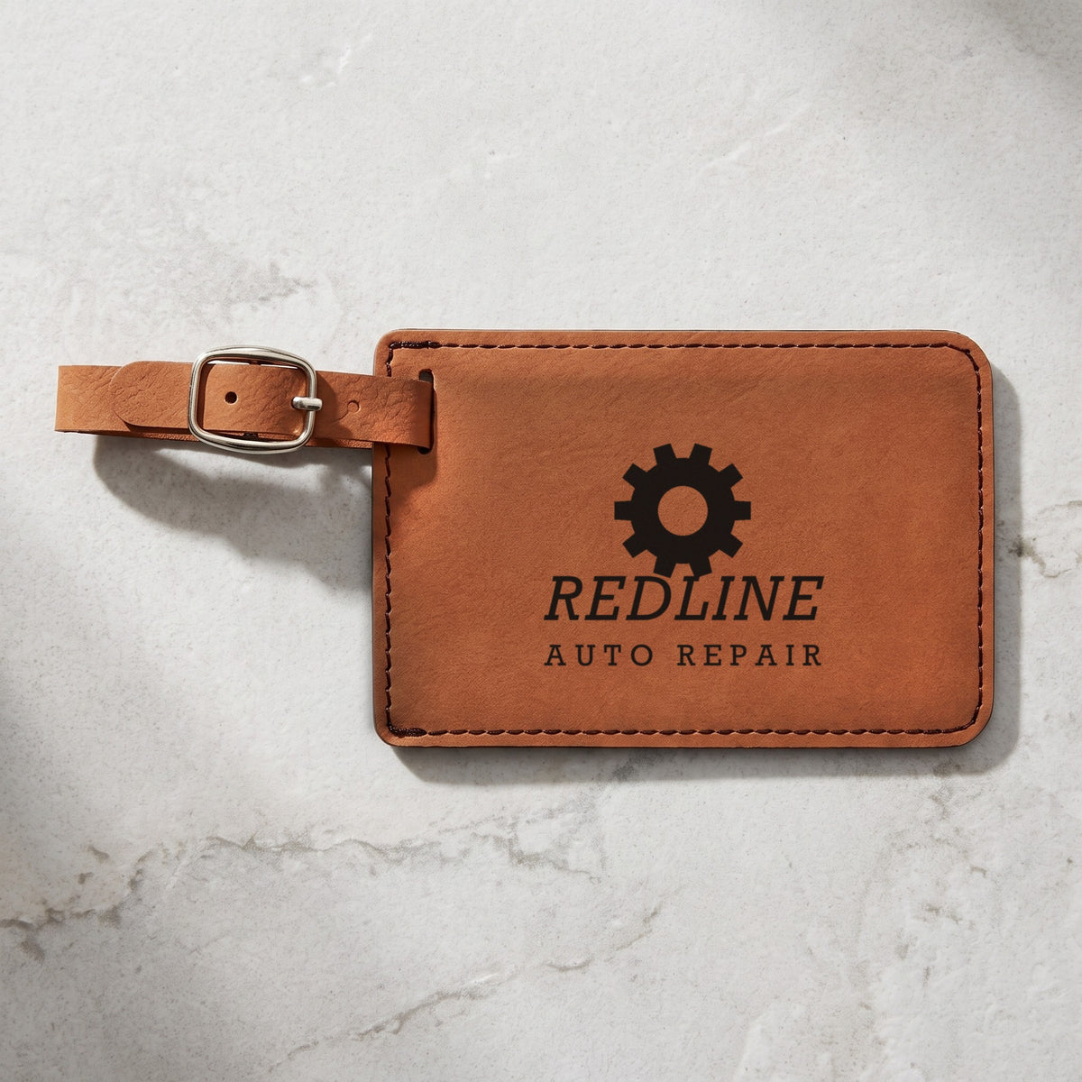 Custom Logo Leatherette Luggage Tag – Rawhide with dark engraved sample logo