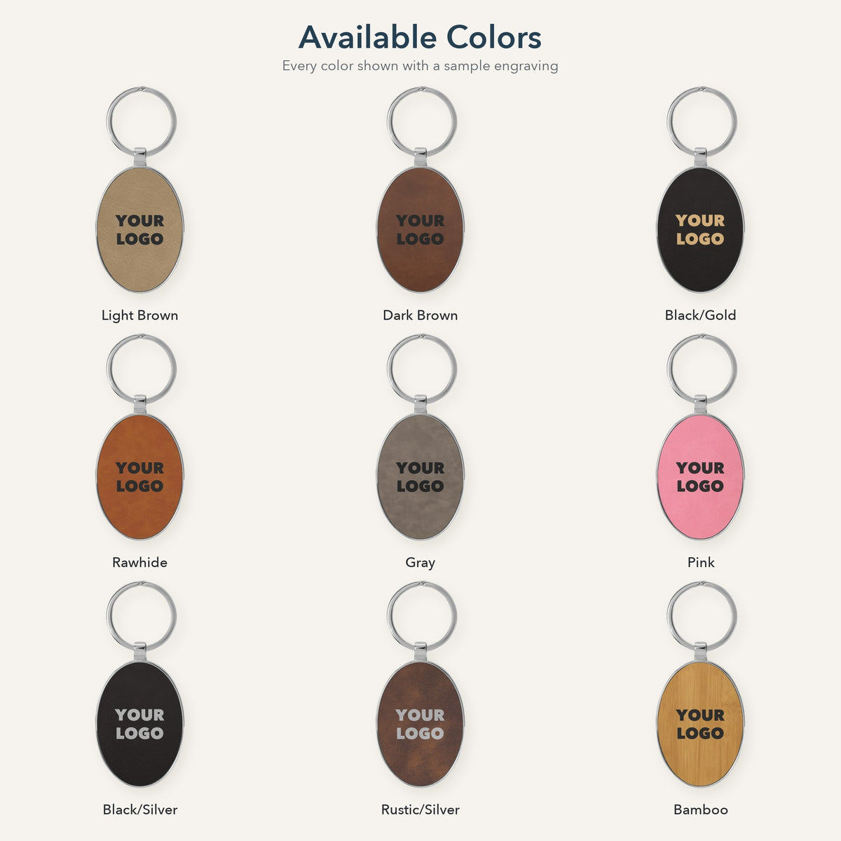 Custom Logo Leatherette & Metal Keychain – Oval, all 9 available colors with sample engravings